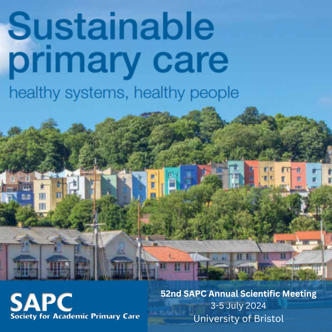 Coloured houses by Bristol harbour with text SAPC ASM 2024, 3-5 July 2024, University of Bristol. Sustainable primary care: healthy systems, healthy people. SAPC Society for Academic Primary Care.